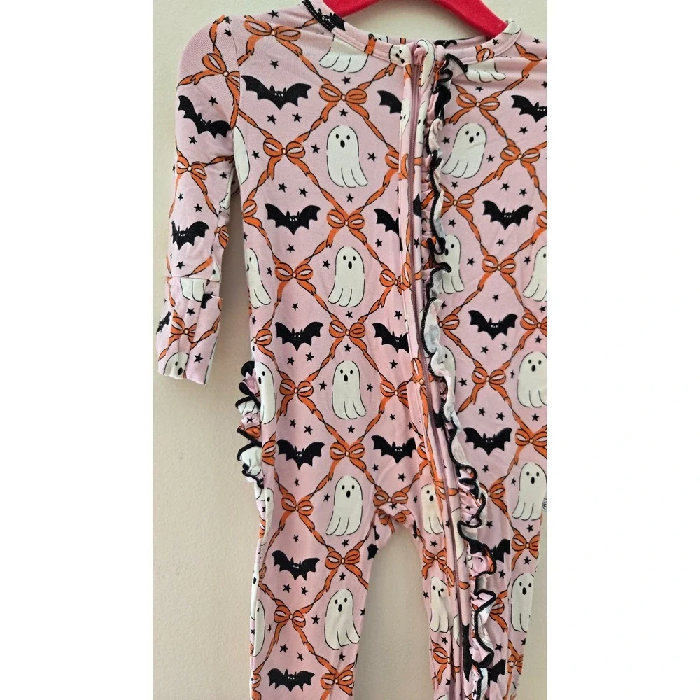 Caden Lane Pink Halloween Ghost Bat Ruffle Bamboo Footie Sleeper 0-3M